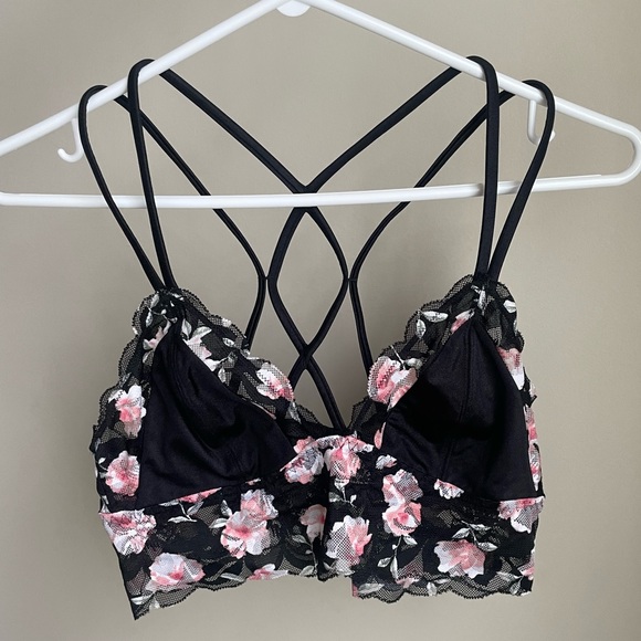 NWOT PINK Victoria’s Secret Unlined Satin Lace Bralette, Floral Pink/Black - Picture 4 of 10